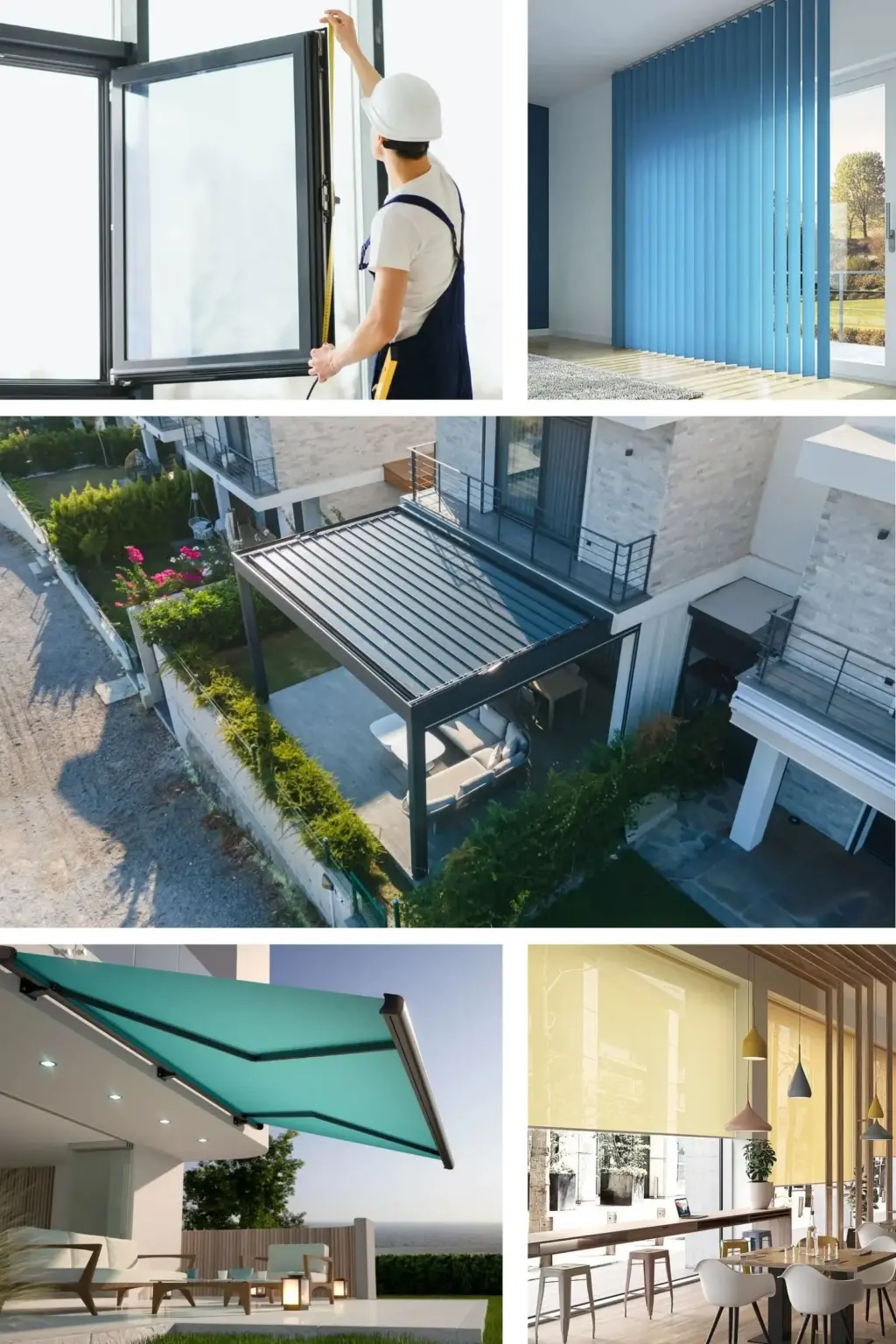Collage aus mehreren Bildern mit einem Fensterbauer, einem Lamellenvorhang, einer Terasseüberdachung, einer Markise und einem Sonnenschutz in einem Restaurant